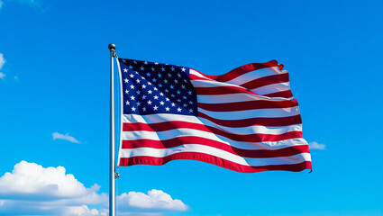 Obraz premium The United States flag waving in the wind against a bright blue sky with scattered white clouds, symbolizing patriotism, freedom, and national pride