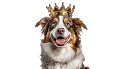 Dog wearing a crown smiles with joy and pride