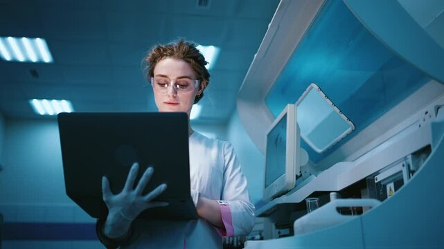 A young female robotics engineer with a laptop analyzing the concept of a robotic machine in a state-of-the-art lab. The concept of programming and data tracking to optimize robot performance.