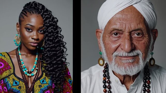 Split-screen video portrait of a smiling woman and elderly man, showcasing cultural attire. Close-up angle highlights vibrant patterns and jewelry.