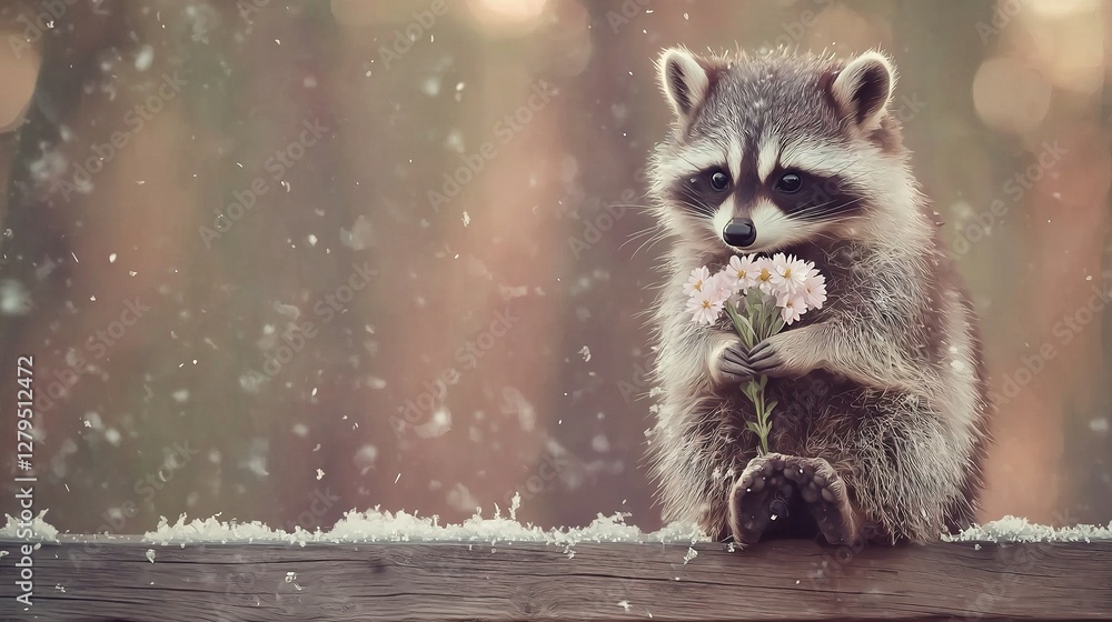 Wall mural   A raccoon holds a flower, sitting on a fence post amidst snowfall in a snowy forest