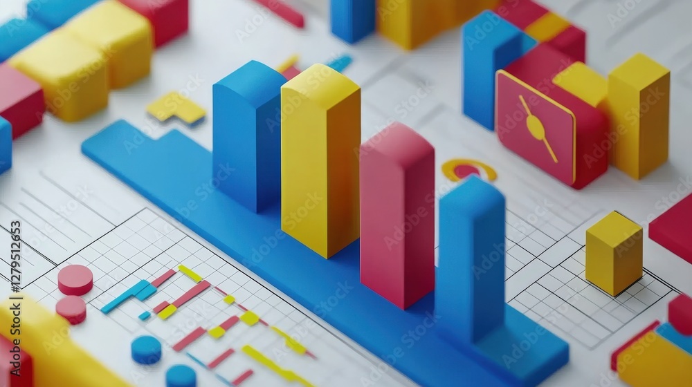 Poster colorful 3d bar graphs and charts illustrating data analysis on a digital workspace