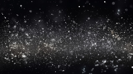 Particules scintillantes et brillantes volant sur fond sombre, noir. Lumi&egrave;re blanche, paillettes argent&eacute;es et flou. Fond pour banni&egrave;re, conception et cr&eacute;ation graphique.