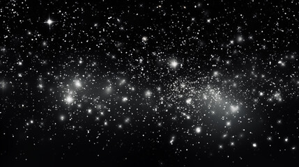 Particules scintillantes et brillantes volant sur fond sombre, noir. Lumière blanche, paillettes argentées et flou. Fond pour bannière, conception et création graphique.