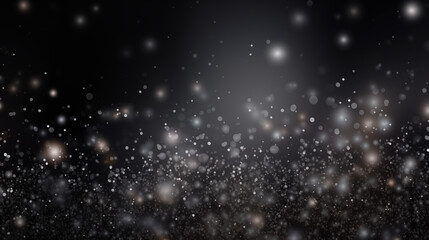Particules scintillantes et brillantes volant sur fond sombre, noir. Lumière blanche, paillettes argentées et flou. Fond pour bannière, conception et création graphique.