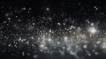 Obraz premium Particules scintillantes et brillantes volant sur fond sombre, noir. Lumière blanche, paillettes argentées et flou. Fond pour bannière, conception et création graphique.