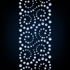 Vertical border of realistic diamonds on black background. Jewelry design swirls with shiny diamonds. Banner, poster, gift card, invitation template. Vector.