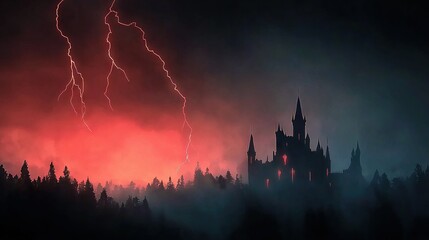 Obraz premium An image of a majestic castle nestled amidst a dense forest, illuminated by electrifying bolts of lightning emanating from the heavens
