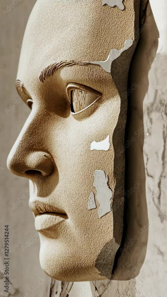 Poster close-up view of a textured sculpture demonstrating intricate facial features embedded in a wall