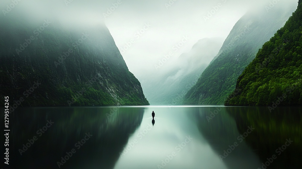 Poster an image of a person standing in a water body with mountains surrounding them and a hazy atmosphere