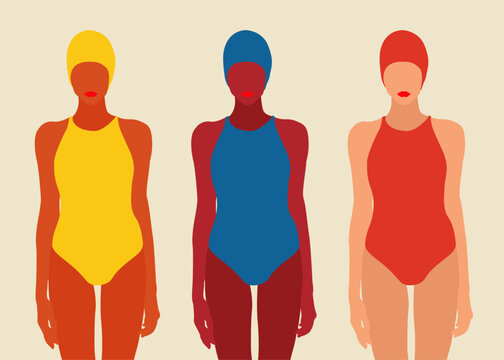 Grupo de chicas de pie en bikini con gorro de ba&ntilde;o 