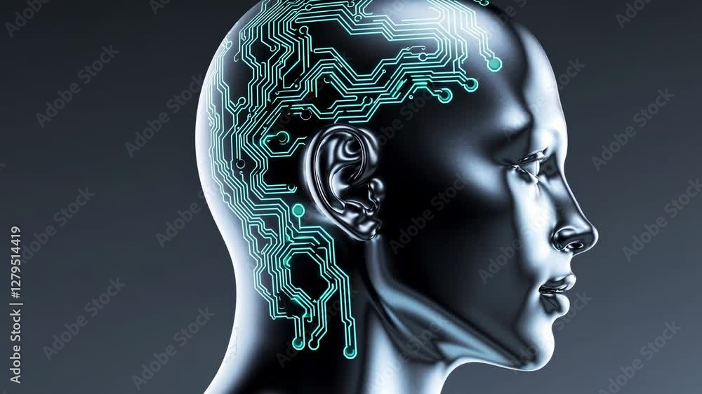 Aufkleber side profile of a metallic human head with circuit patterns, symbolizing ai. low-angle shot, futuris