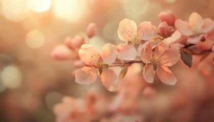 Soft Pink Cherry Blossoms Blooming In Warm Sunlight With Bokeh Background Creating Dreamy Romantic Floral Aesthetic