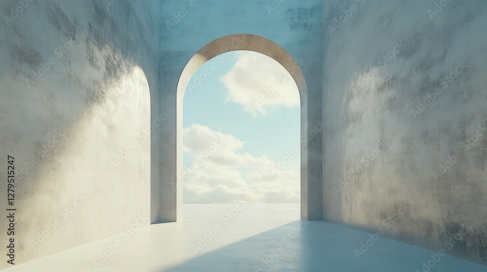 Poster serene archway opening to a bright sky with fluffy clouds, creating a tranquil atmosphere