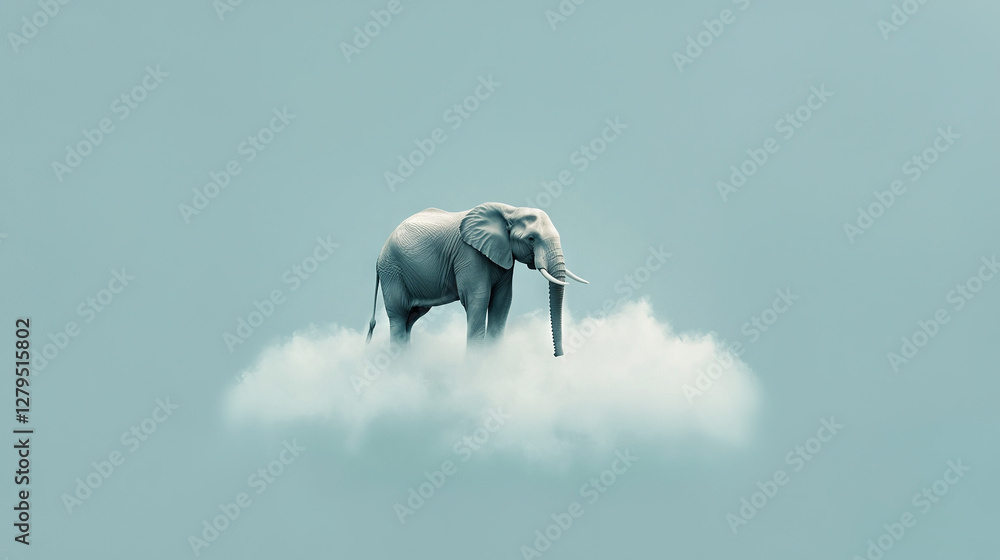 Poster an elephant atop a cloud with its trunk extended