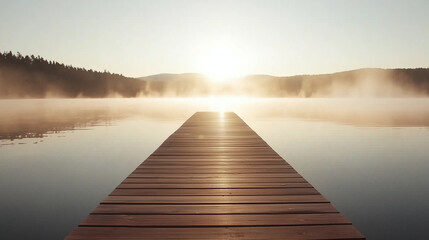 Fototapeta premium A wooden pier at sunrise over a calm lake with mist
