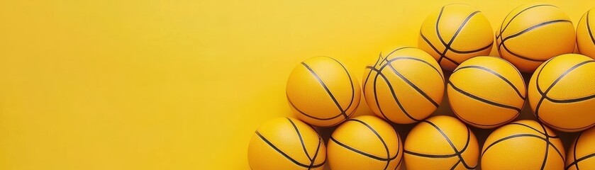 Obraz premium Stacked yellow basketballs on yellow background. Sport
