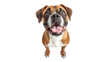 Cheerful boxer dog looking up with excitement