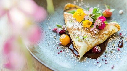   A close-up image of a platter adorned with an array of succulent fruits and vibrant floral arrangements artfully placed atop At its center, a solitary bl