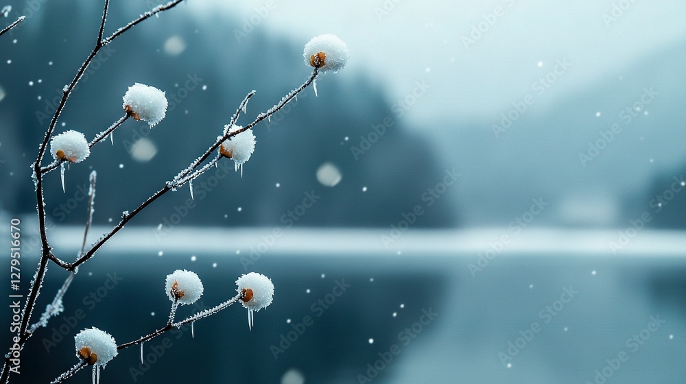 Aufkleber a close-up of a snow-covered tree with trees in the foreground, set against a backdrop of a body of 