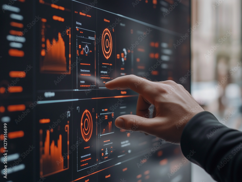 Poster hand interacting with digital interface displaying data icons and alerts