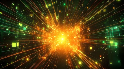 Naklejka premium Bright orange light is shining through a green and yellow background. The light is surrounded by a lot of small squares and lines