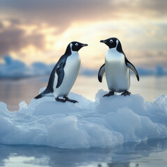 Naklejka premium Penguins standing on a frozen Arctic shoreline, crisp ice textures, soft polar light, breathtaking wildlife scene, hyper-detailed realism, ultra-HD resolution, 8K 