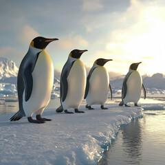 Fototapeta premium Penguins standing on a frozen Arctic shoreline, crisp ice textures, soft polar light, breathtaking wildlife scene, hyper-detailed realism, ultra-HD resolution, 8K 