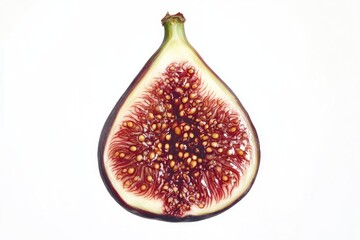 A ripe fig cut in half, showing its rich red interior, isolated on a white background