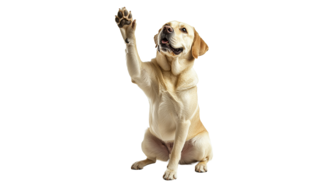 Happy dog waving its paw in a friendly greeting