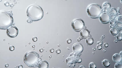 Burbujas transparentes flotando en agua sobre fondo gris