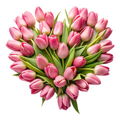 Obraz premium bouquet of pink and red tulips heart shape top view on white