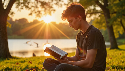 Young Man Reading the Bible in Nature at Sunset