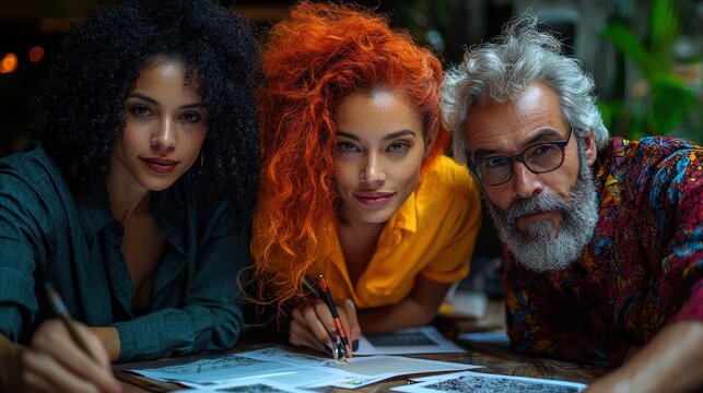 Creative team collaborating on art project, studio