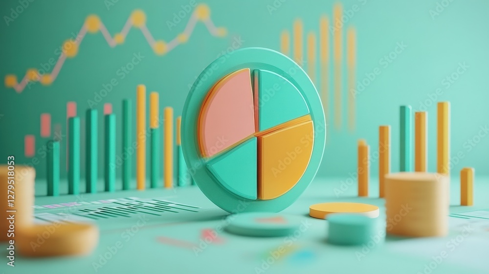Poster colorful pie chart and bar graphs on a teal background illustrating data analysis and trends