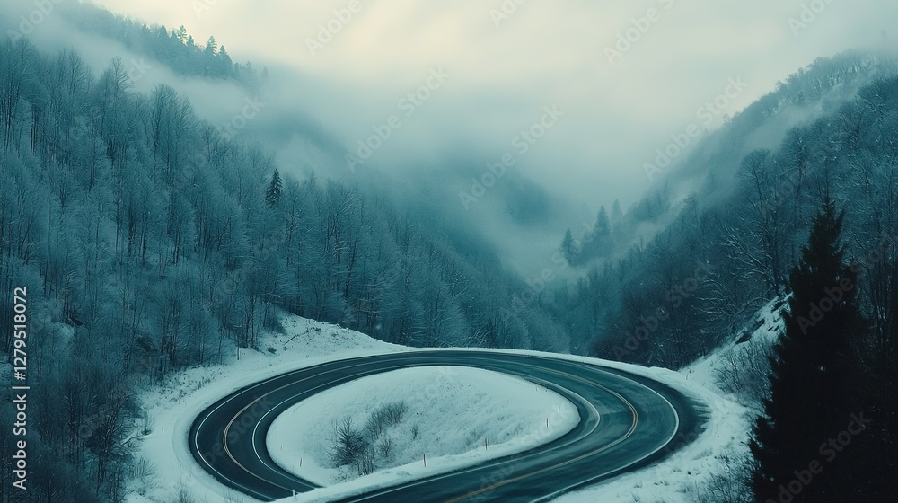 Poster curve in snow-covered mountain with trees on both sides