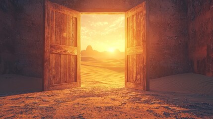 Desert Sunset View Through Open Wooden Door in Old Room