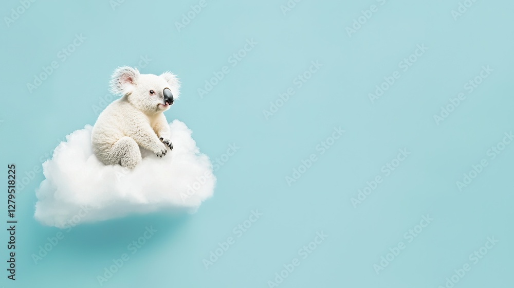 Poster koala bear on cloud - image of a koala sitting on a cloud against a blue background with copy space 