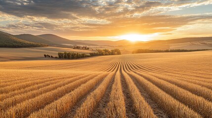 Fototapeta premium Golden Wheat Field Sunset Landscape; Rural countryside at sunset with rows of harvested wheat. Use Stock photo