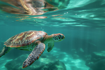 Fototapeta premium A graceful sea turtle swimming effortlessly through crystal-clear turquoise waters. Its intricately patterned shell glimmers in the sunlight filtering through the water's surface