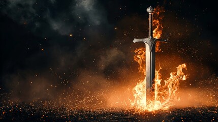 Flaming Sword Stuck in Burning Ground with Fiery Inferno