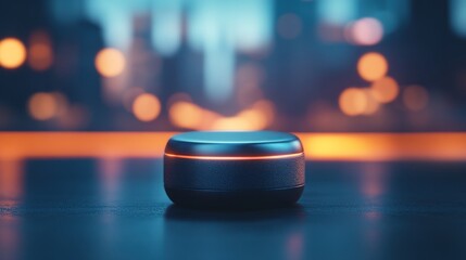 Portable smart speaker on dark surface, city lights in background