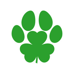 D&iacute;a de San Patricio. Logo pet friendly. Silueta de tr&eacute;bol de 3 hojas con forma de zarpa de perro o gato para su uso en tarjetas y felicitaciones