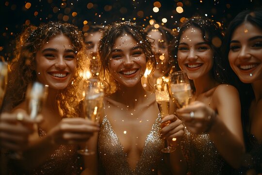 Group of women are smiling and holding up glasses of champagne. Scene is celebratory and joyful