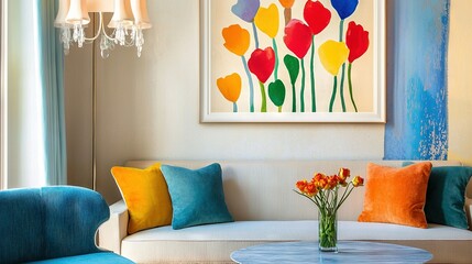   A cozy living room boasts a sofa, coffee table, vase of flowers, and painting on the wall