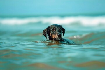 A black Labrador Retriever swims in the ocean, its coat glistening in the sunlight, conveying a joyful and adventurous spirit amidst the calming blue waters. pet sports and adventure, surfing dog