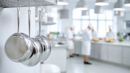 Hanging Stainless Steel Pans in a Professional Kitchen