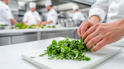 Chef Preparing Fresh Cilantro in a Professional Kitchen