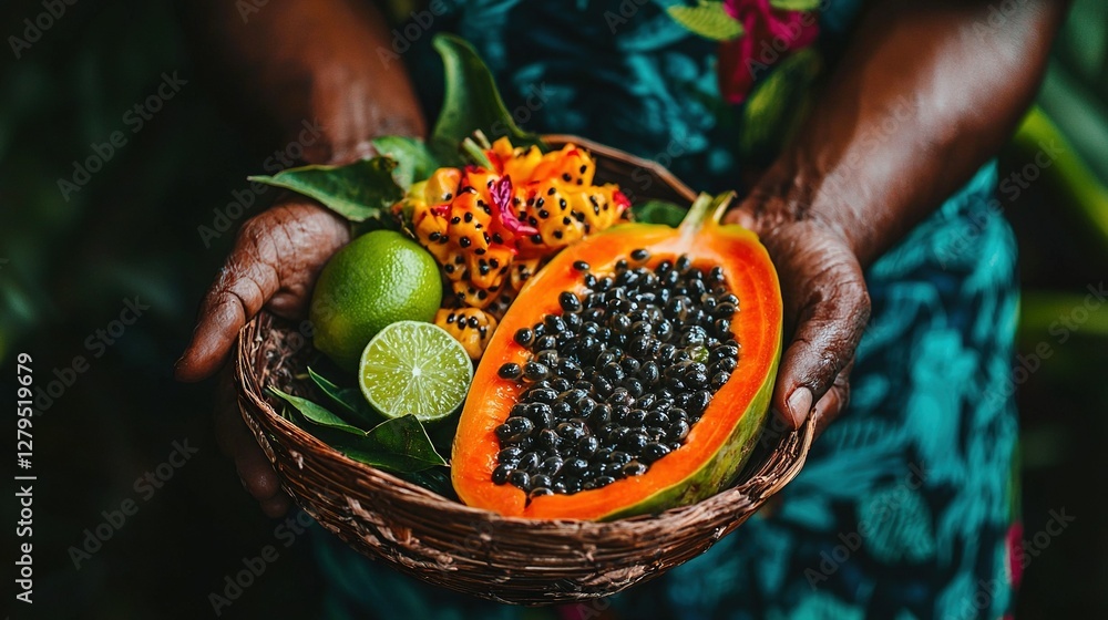 Poster a close-up photo of someone clutching a basket containing an array of fruits, including a lime and a