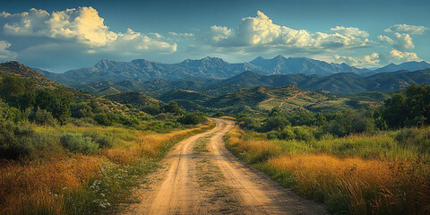 Naklejka premium Tranquil Adventure: A Picturesque Explore on a Meandering Dirt Road through Misty Mountains